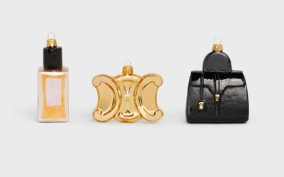 Three Celine christmas baubles in shape of perfume, monogram and handbag
