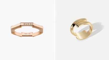 Two gold rings, left, a faceted Gucci one and right, an overlapping circle of gold